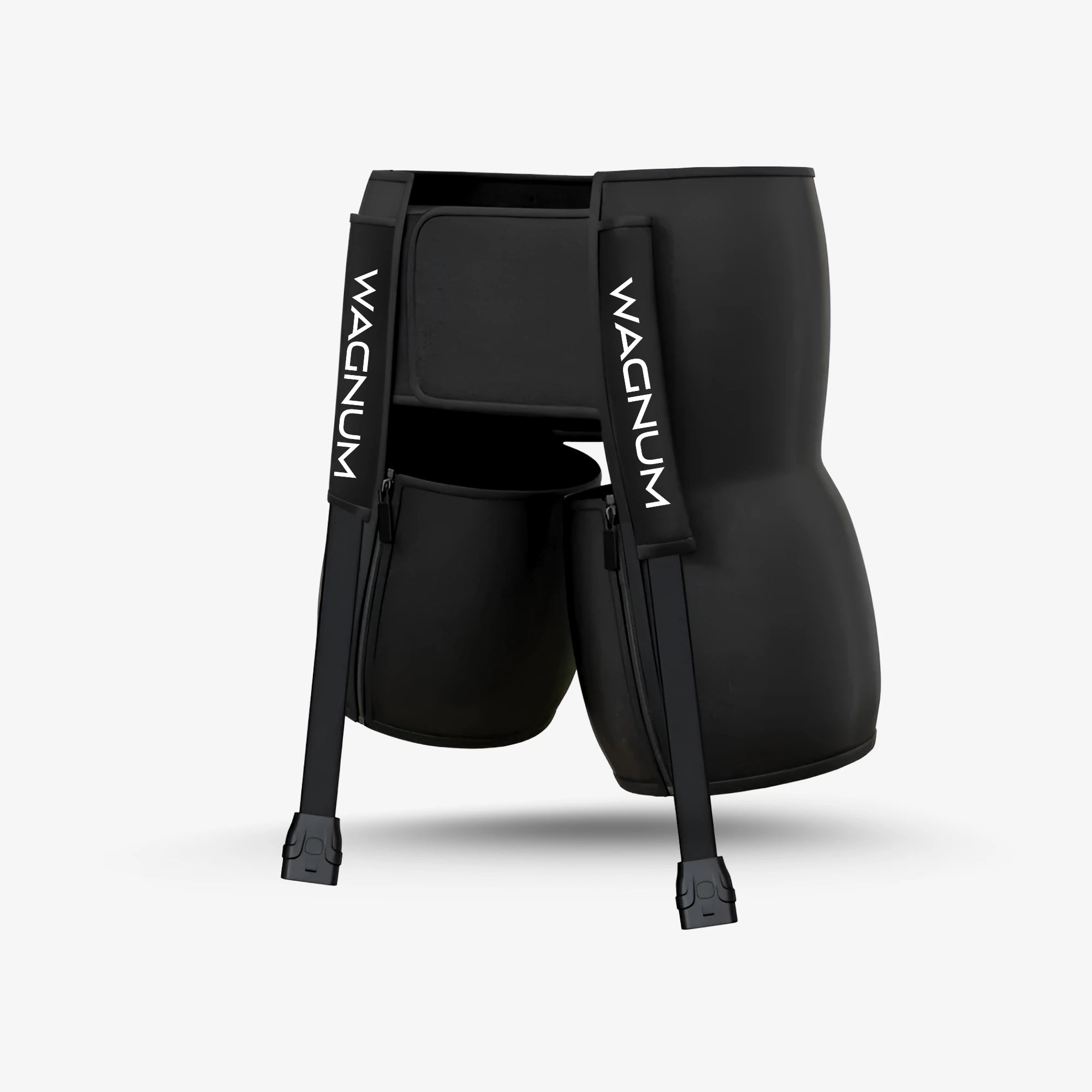 Black air compression hip attachment for muscle recovery gear with 'WAGNUM' branding on a white background.