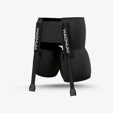 Black air compression hip attachment for muscle recovery gear with 'WAGNUM' branding on a white background.