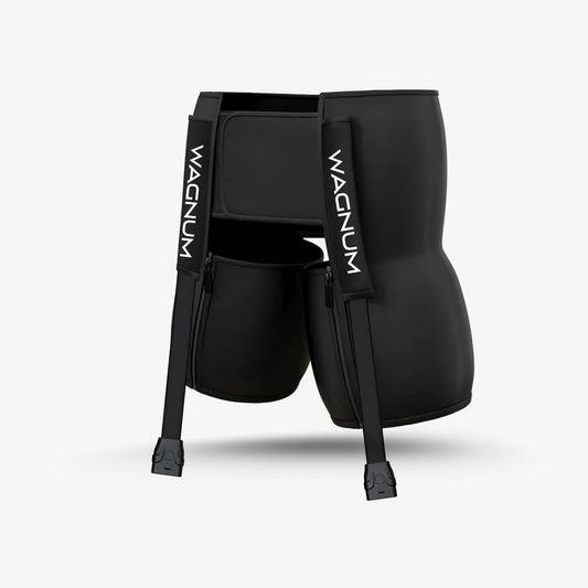 Black air compression hip attachment for muscle recovery gear with 'WAGNUM' branding on a white background.