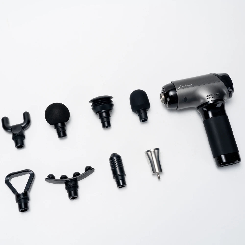 WAGNUM ProRange massage gun and eight different attachment heads that come with it in a white background.